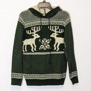 Women's "V28" Knitted Green Long Sleeve Hooded Reindeer Christmas Sweater Size L